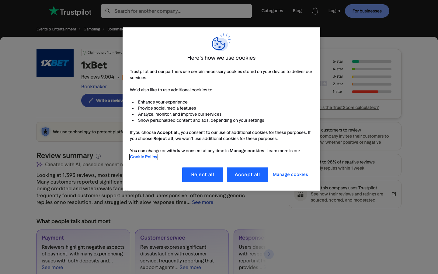 1xBet के लिए दिनांकित ट्रस्टपायलट स्रोत कैप्चर